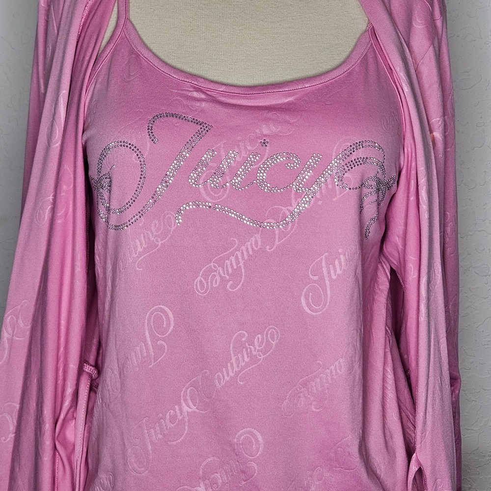 Juicy Couture Womens 3pc Pajama Set Pink Robe Cami Shorts Rhinestone Logo M NEW - Picture 3 of 9